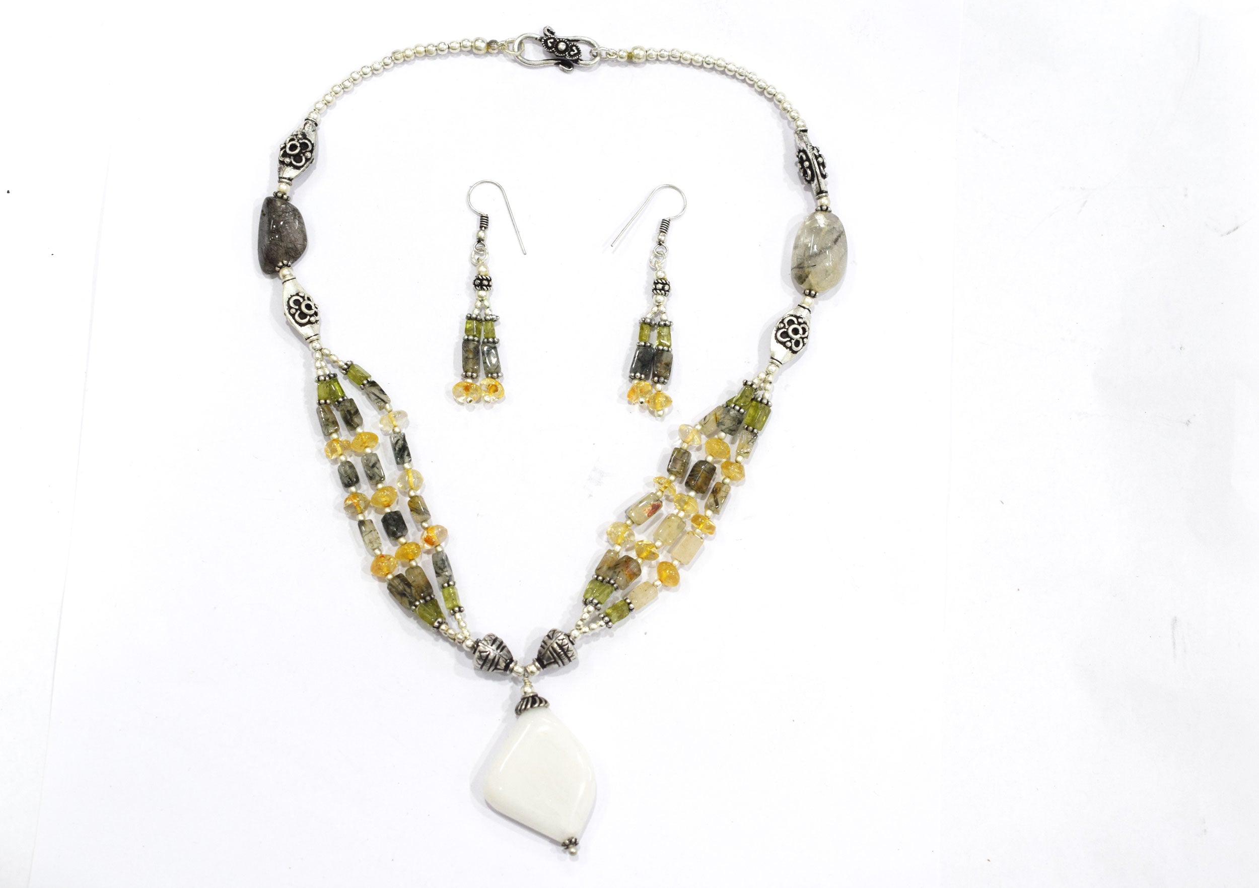 Natural White Agate Pendant Citrine Peridot and Rutile Quartz Layered Necklace Set, Mixed Gemstone Jewelry with Dangle Earrings, 32835