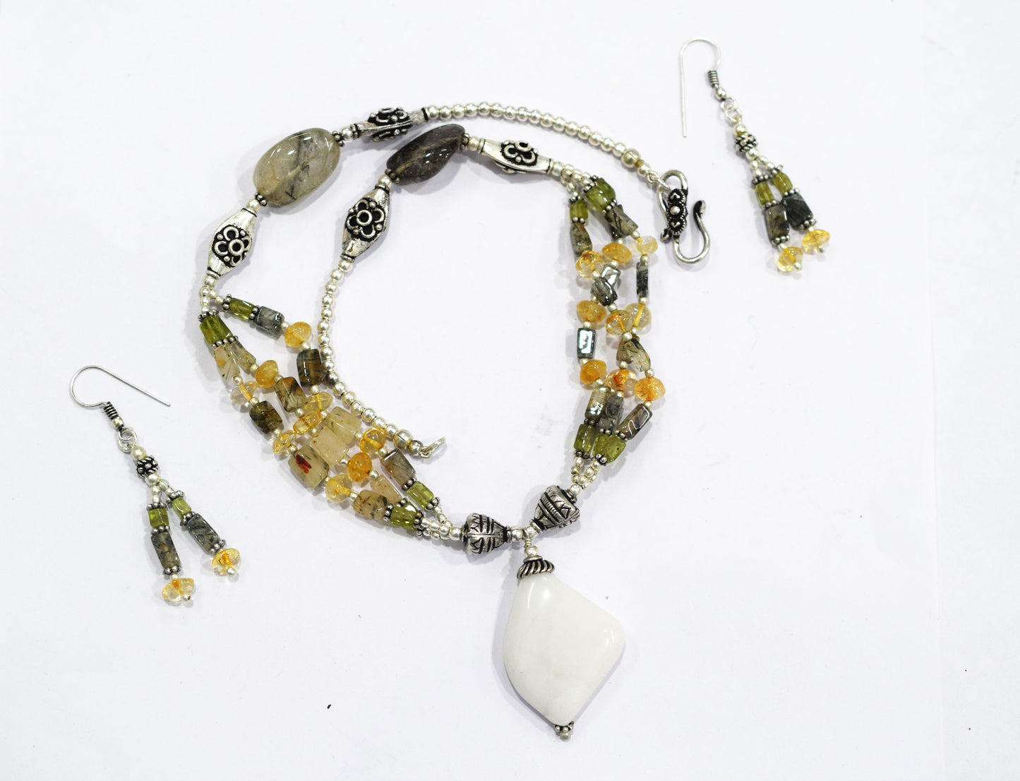 Natural White Agate Pendant Citrine Peridot and Rutile Quartz Layered Necklace Set, Mixed Gemstone Jewelry with Dangle Earrings, 32835
