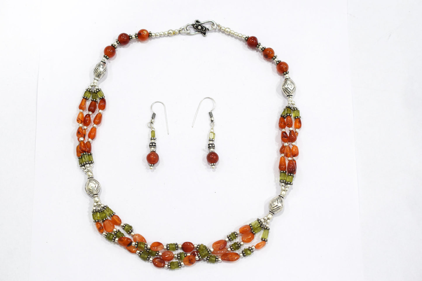 Natural Carnelian, Peridot &amp; Red Jasper Multi-Strand Braided Necklace Set , Earthy Multi-Layer Gemstone Statement Jewelry with Drop Earrings, 32837