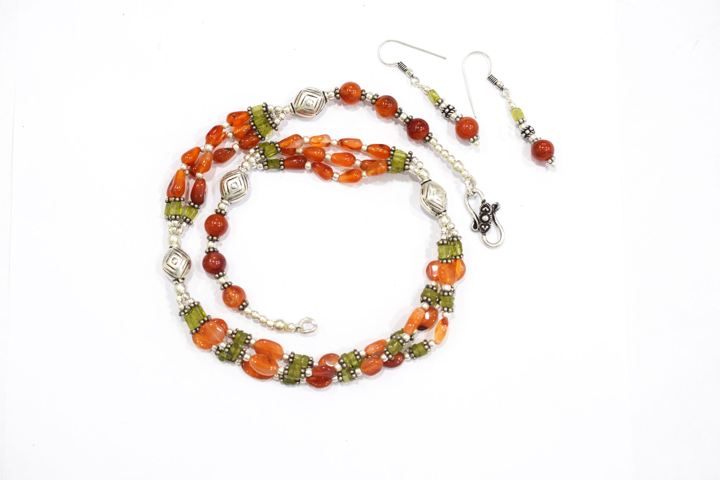 Natural Carnelian, Peridot &amp; Red Jasper Multi-Strand Braided Necklace Set , Earthy Multi-Layer Gemstone Statement Jewelry with Drop Earrings, 32837