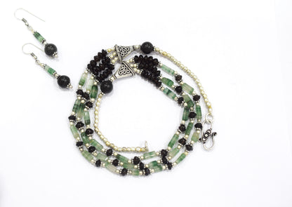 Green Aventurine Black Onyx Statement Jewelry Set, 3-Strand Beaded Gemstone Necklace and Earrings Set for Her, 32838