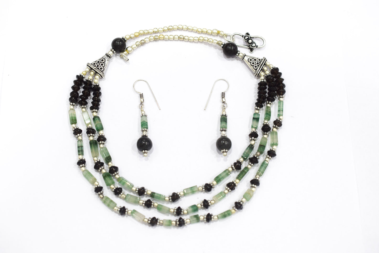 Green Aventurine Black Onyx Statement Jewelry Set, 3-Strand Beaded Gemstone Necklace and Earrings Set for Her, 32838