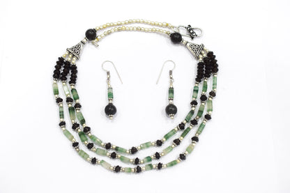 Green Aventurine Black Onyx Statement Jewelry Set, 3-Strand Beaded Gemstone Necklace and Earrings Set for Her, 32838
