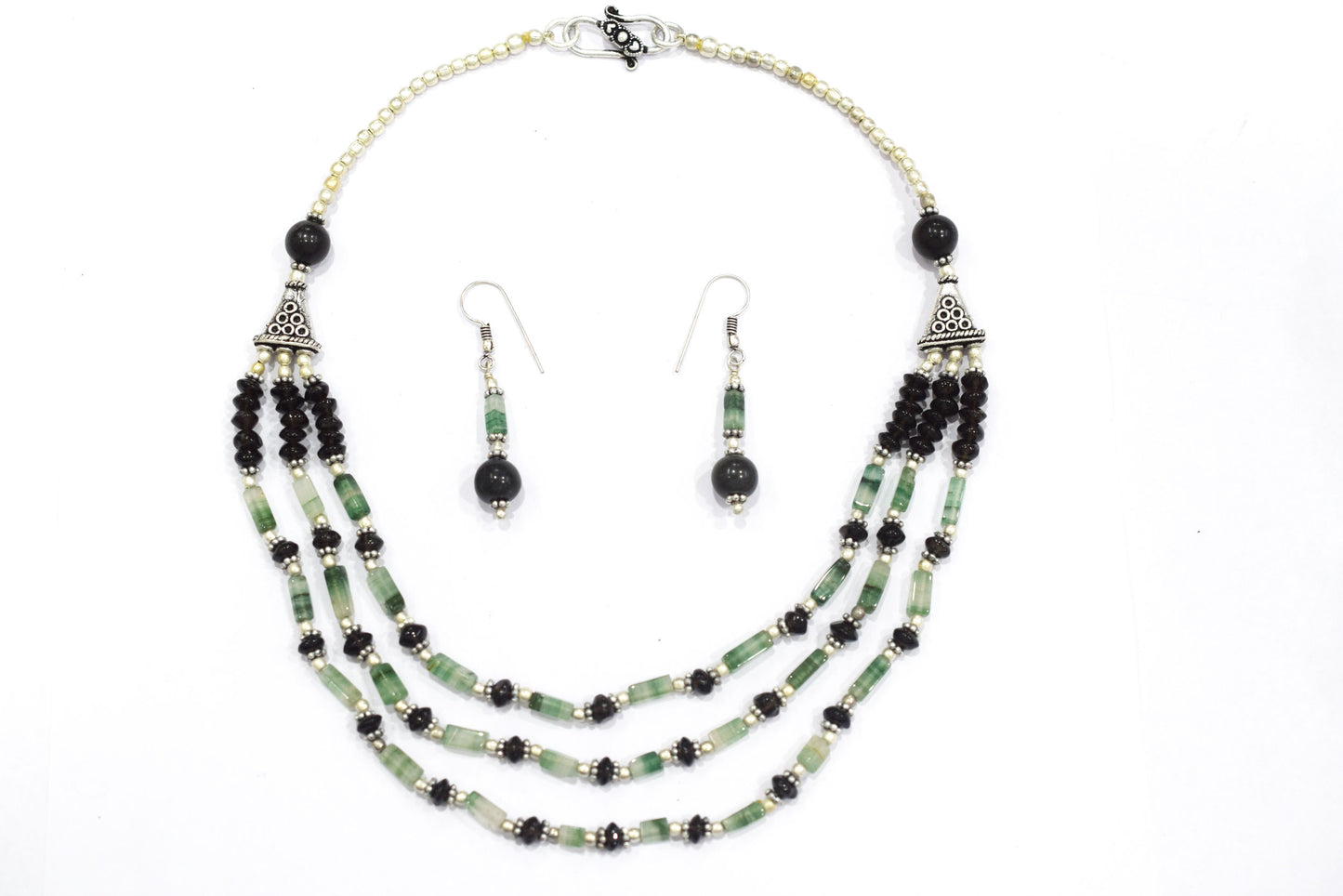 Green Aventurine Black Onyx Statement Jewelry Set, 3-Strand Beaded Gemstone Necklace and Earrings Set for Her, 32838