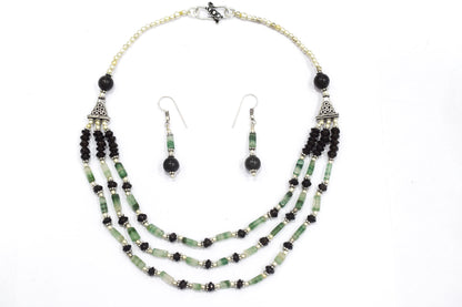 Green Aventurine Black Onyx Statement Jewelry Set, 3-Strand Beaded Gemstone Necklace and Earrings Set for Her, 32838