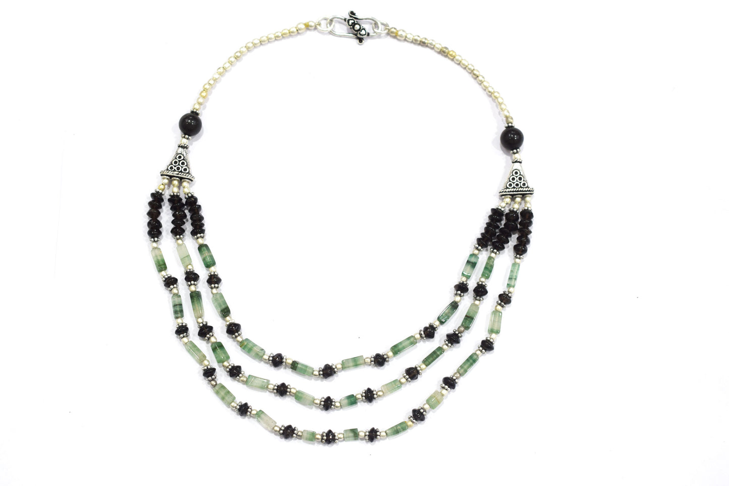Green Aventurine Black Onyx Statement Jewelry Set, 3-Strand Beaded Gemstone Necklace and Earrings Set for Her, 32838