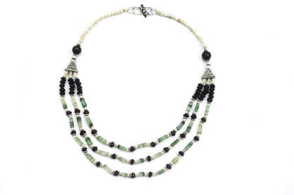 Green Aventurine Black Onyx Statement Jewelry Set, 3-Strand Beaded Gemstone Necklace and Earrings Set for Her, 32838