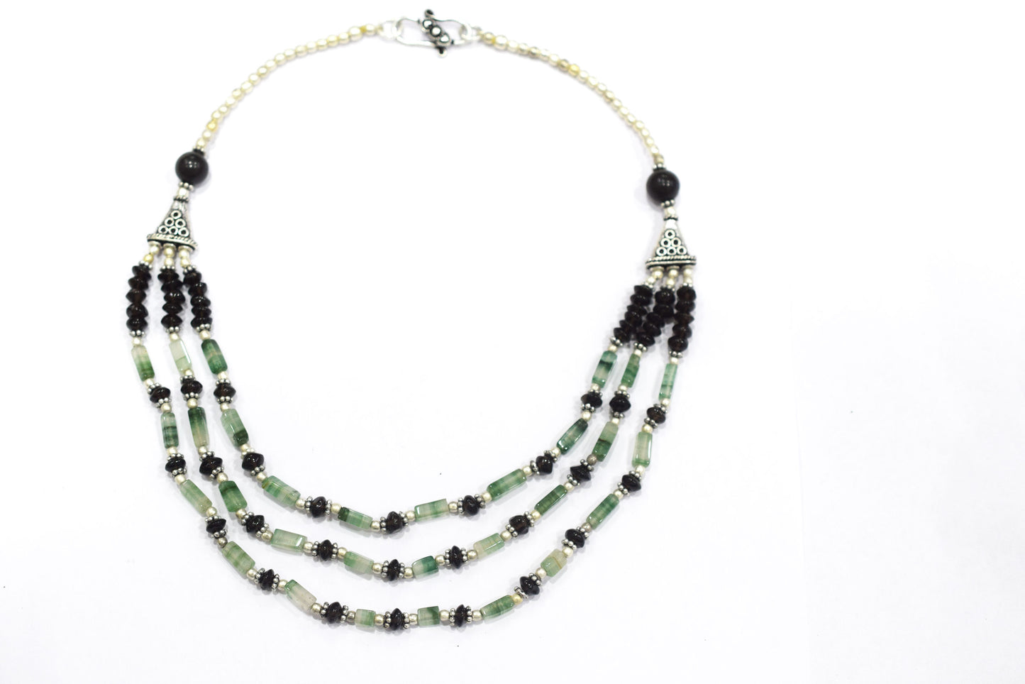Green Aventurine Black Onyx Statement Jewelry Set, 3-Strand Beaded Gemstone Necklace and Earrings Set for Her, 32838