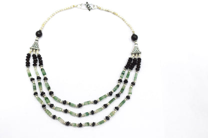 Green Aventurine Black Onyx Statement Jewelry Set, 3-Strand Beaded Gemstone Necklace and Earrings Set for Her, 32838