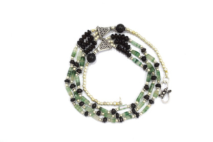 Green Aventurine Black Onyx Statement Jewelry Set, 3-Strand Beaded Gemstone Necklace and Earrings Set for Her, 32838