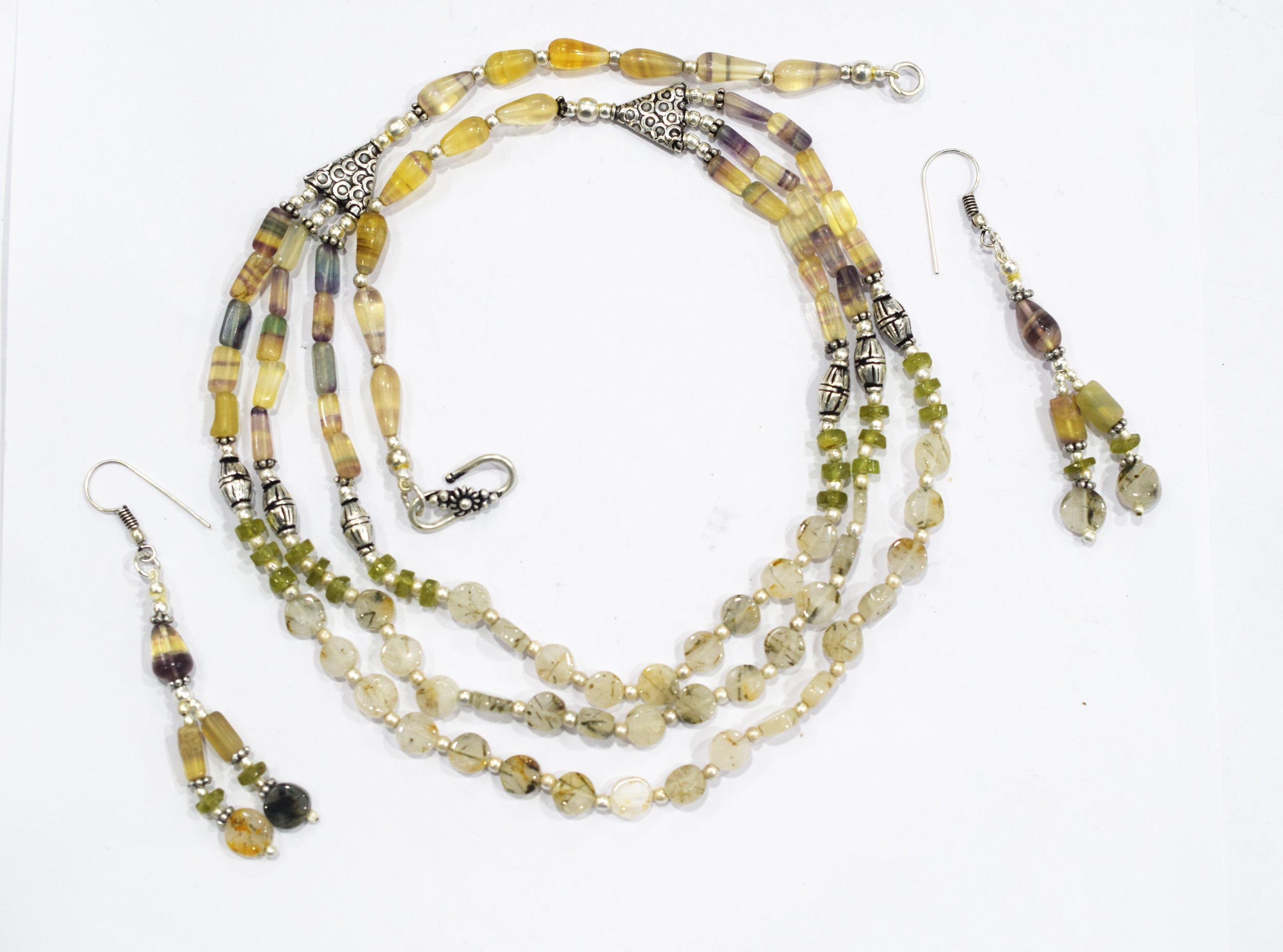 Natural Multi Fluorite Rutile and Peridot Beaded Jewelry Set - Multi-Strand Statement Necklace & Drop Earrings, Boho Healing Crystal Gift for Her, 32839