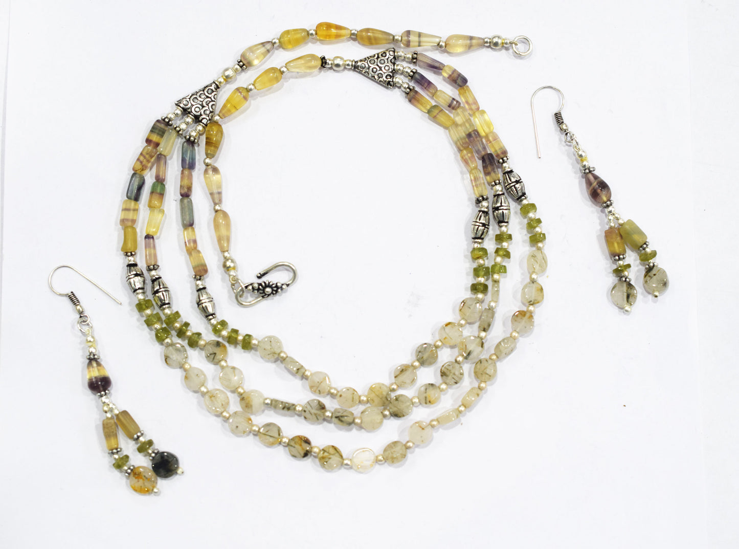 Natural Multi Fluorite Rutile and Peridot Beaded Jewelry Set - Multi-Strand Statement Necklace & Drop Earrings, Boho Healing Crystal Gift for Her, 32839