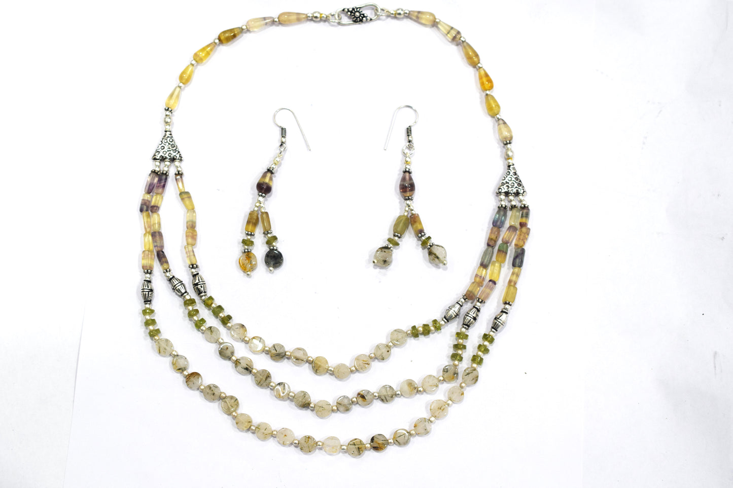 Natural Multi Fluorite Rutile and Peridot Beaded Jewelry Set - Multi-Strand Statement Necklace & Drop Earrings, Boho Healing Crystal Gift for Her, 32839