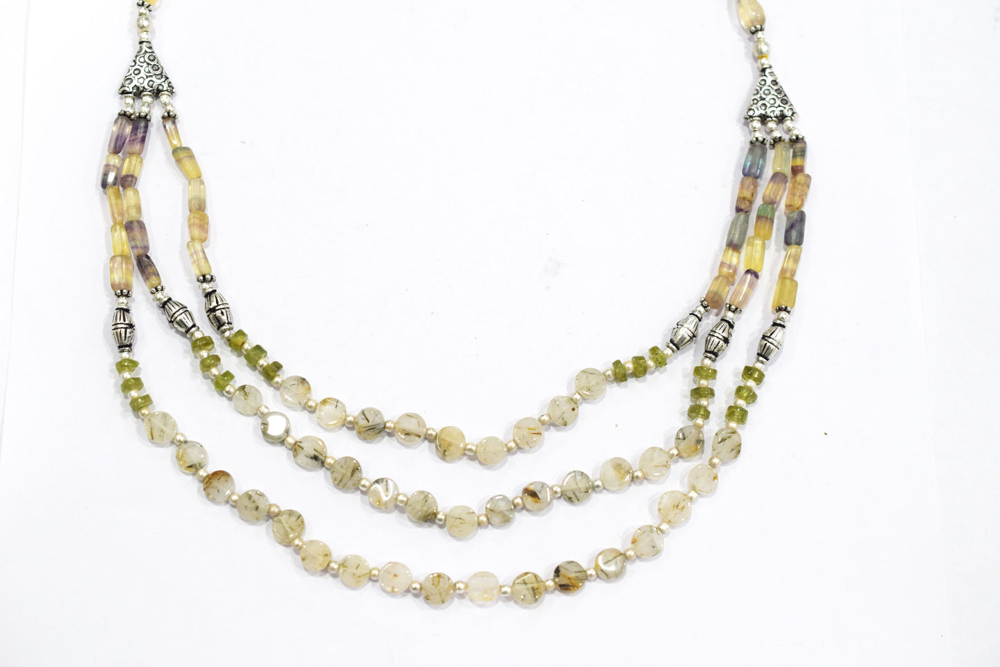 Natural Multi Fluorite Rutile and Peridot Beaded Jewelry Set - Multi-Strand Statement Necklace & Drop Earrings, Boho Healing Crystal Gift for Her, 32839