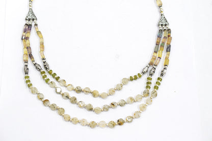 Natural Multi Fluorite Rutile and Peridot Beaded Jewelry Set - Multi-Strand Statement Necklace & Drop Earrings, Boho Healing Crystal Gift for Her, 32839