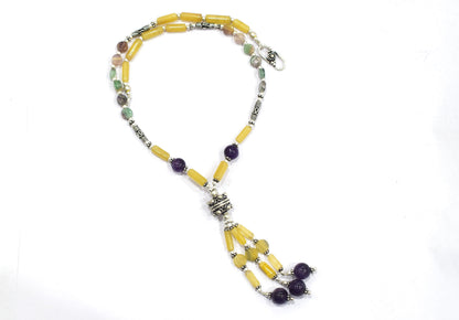Multi Fluorite Amethyst Y-Necklace Set, Beaded Gemstone Tassel Necklace and Dangle Earrings,32840