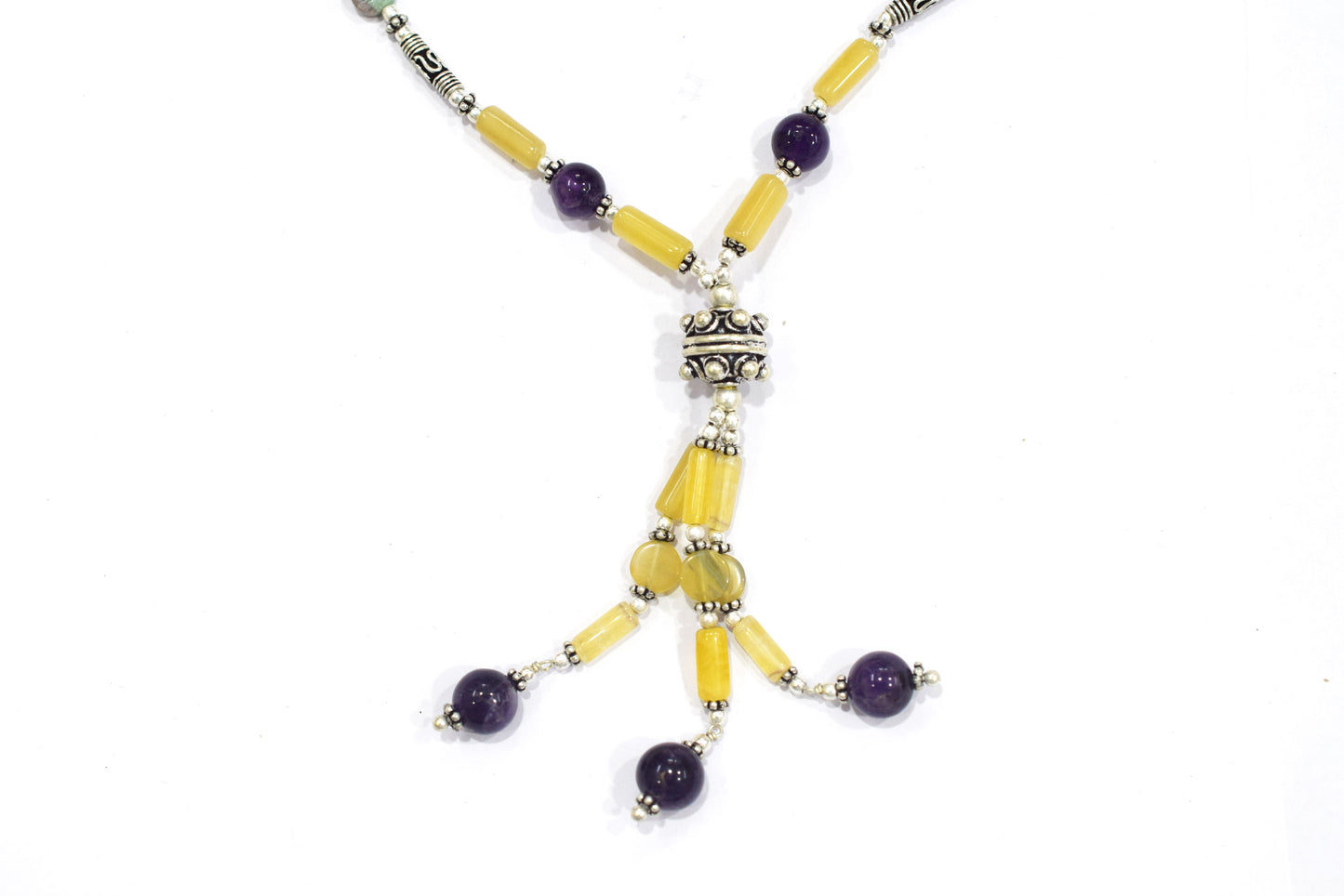 Multi Fluorite Amethyst Y-Necklace Set, Beaded Gemstone Tassel Necklace and Dangle Earrings,32840