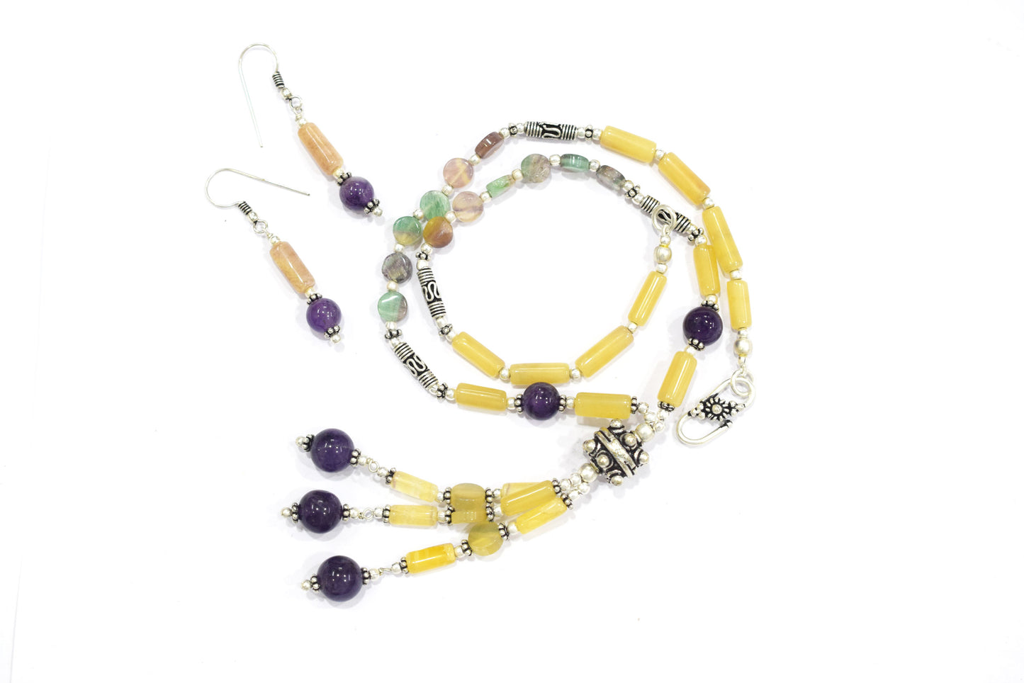 Multi Fluorite Amethyst Y-Necklace Set, Beaded Gemstone Tassel Necklace and Dangle Earrings,32840