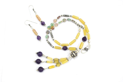 Multi Fluorite Amethyst Y-Necklace Set, Beaded Gemstone Tassel Necklace and Dangle Earrings,32840