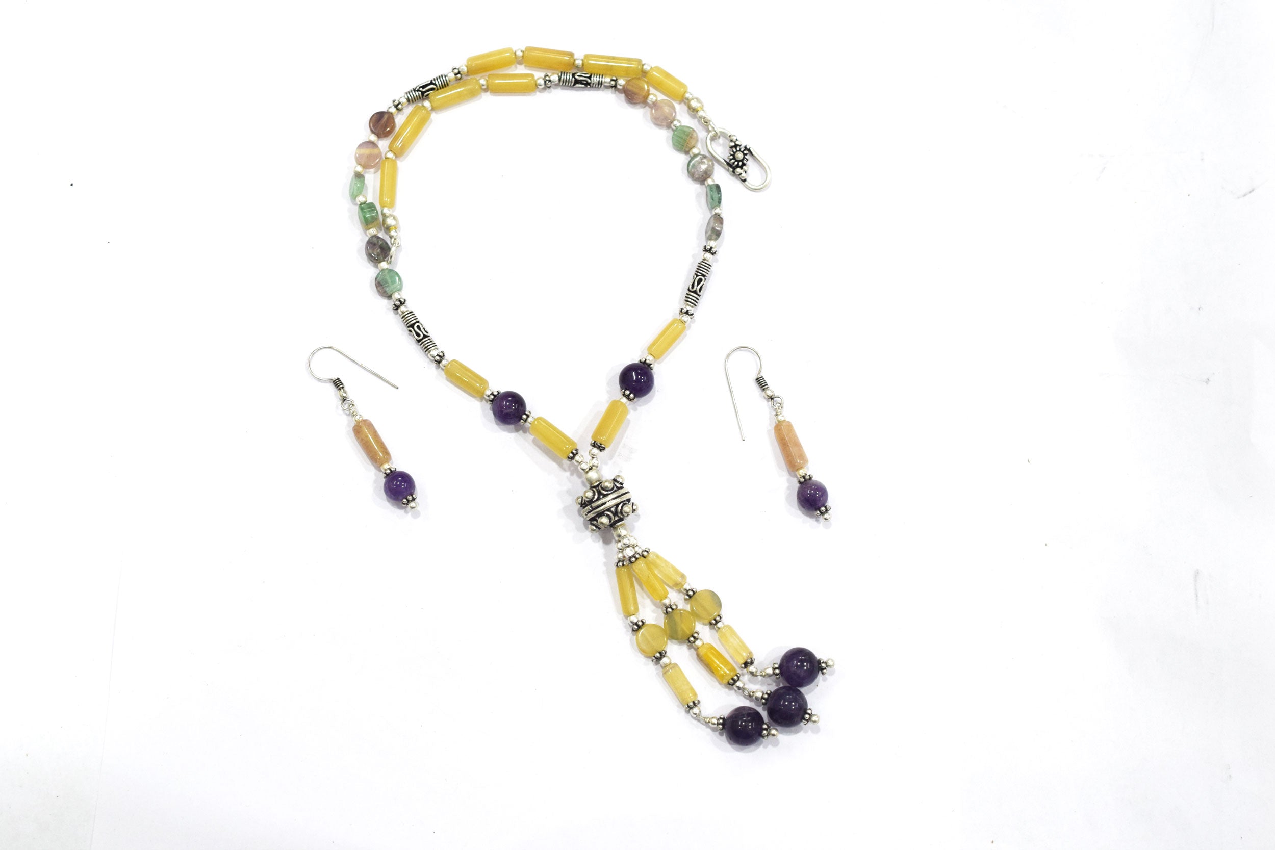 Multi Fluorite Amethyst Y-Necklace Set, Beaded Gemstone Tassel Necklace and Dangle Earrings,32840