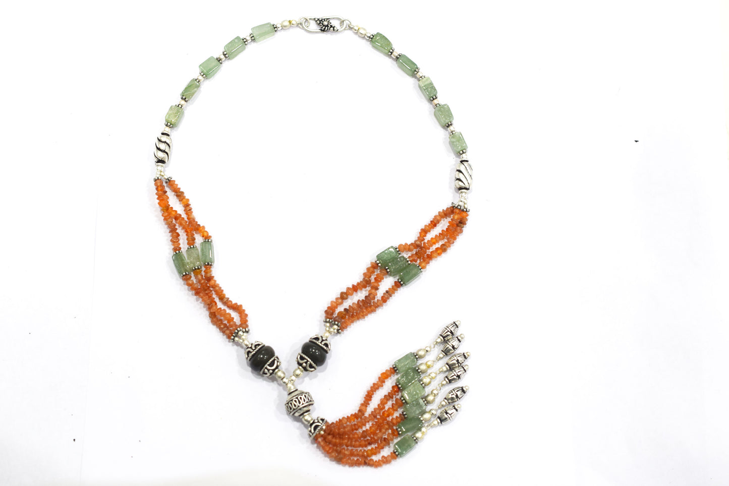 Green Aventurine Carnelian Tassel Necklace Set, Beaded Gemstone Lariat and Dangle Earrings, Orange and Green Boho Crystal Jewelry Gift, 32841