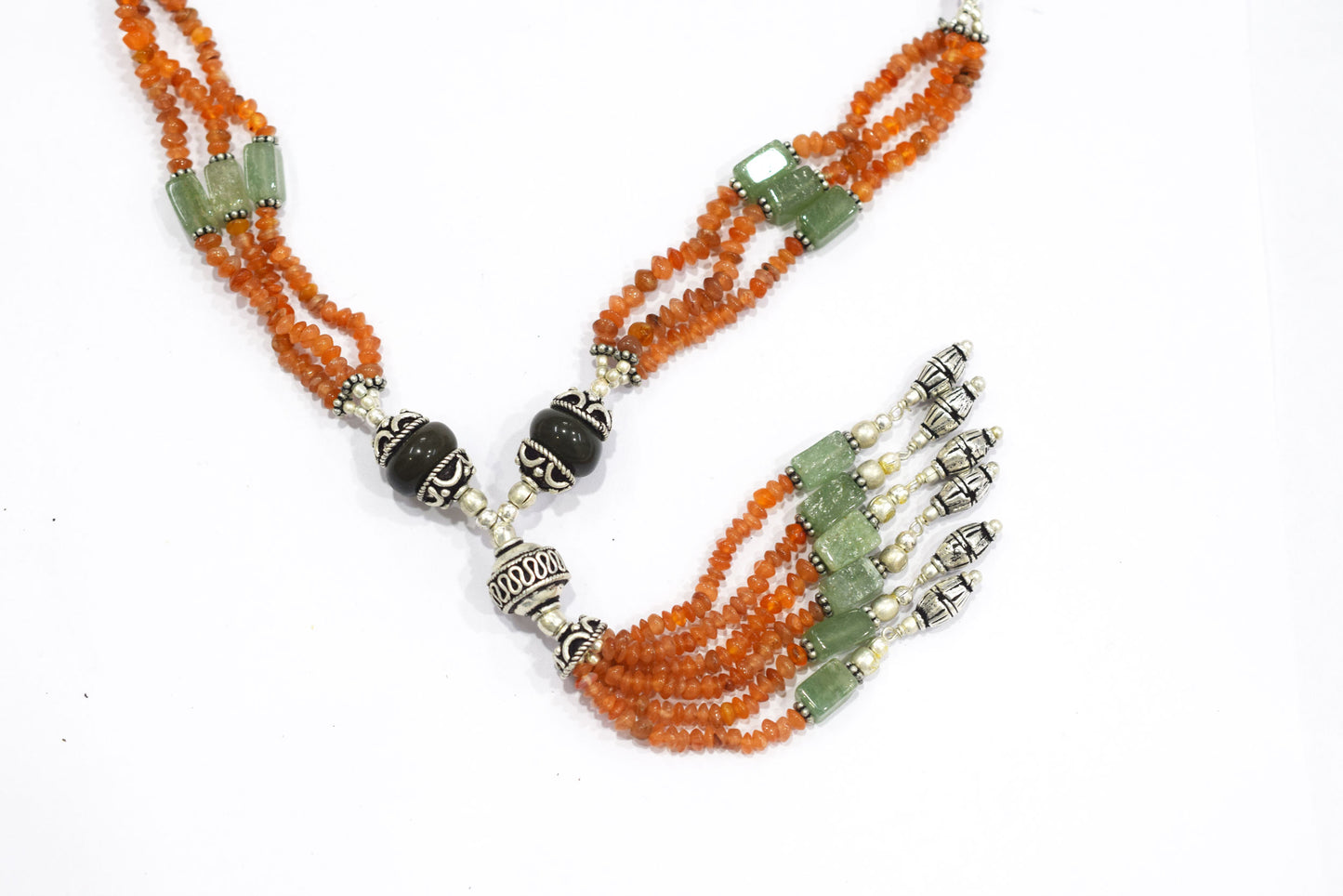 Green Aventurine Carnelian Tassel Necklace Set, Beaded Gemstone Lariat and Dangle Earrings, Orange and Green Boho Crystal Jewelry Gift, 32841