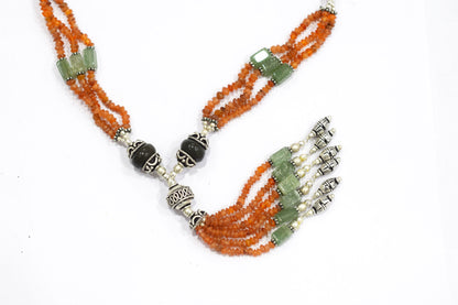 Green Aventurine Carnelian Tassel Necklace Set, Beaded Gemstone Lariat and Dangle Earrings, Orange and Green Boho Crystal Jewelry Gift, 32841