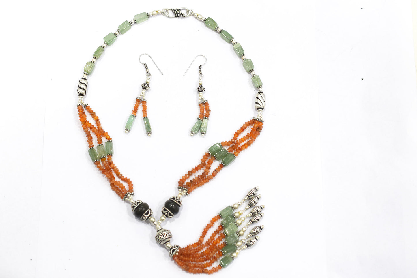 Green Aventurine Carnelian Tassel Necklace Set, Beaded Gemstone Lariat and Dangle Earrings, Orange and Green Boho Crystal Jewelry Gift, 32841
