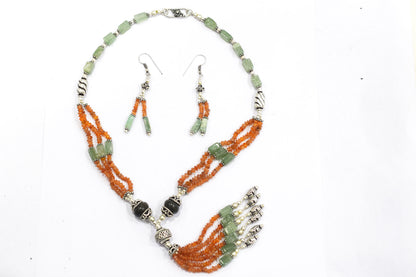 Green Aventurine Carnelian Tassel Necklace Set, Beaded Gemstone Lariat and Dangle Earrings, Orange and Green Boho Crystal Jewelry Gift, 32841
