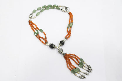 Green Aventurine Carnelian Tassel Necklace Set, Beaded Gemstone Lariat and Dangle Earrings, Orange and Green Boho Crystal Jewelry Gift, 32841