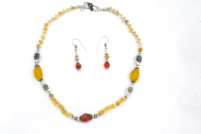 Natural Citrine and Carnelian Choker Necklace  Jewelry Set with Dangle Earrings ,Gift for Her, 32842