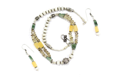 Natural Multi Aventurine White Agate and Smoky Quartz Layered Necklace Set with Dangle Earrings, 32843