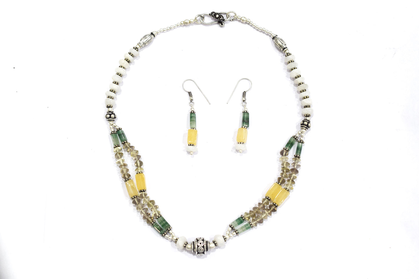 Natural Multi Aventurine White Agate and Smoky Quartz Layered Necklace Set with Dangle Earrings, 32843