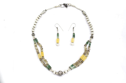 Natural Multi Aventurine White Agate and Smoky Quartz Layered Necklace Set with Dangle Earrings, 32843