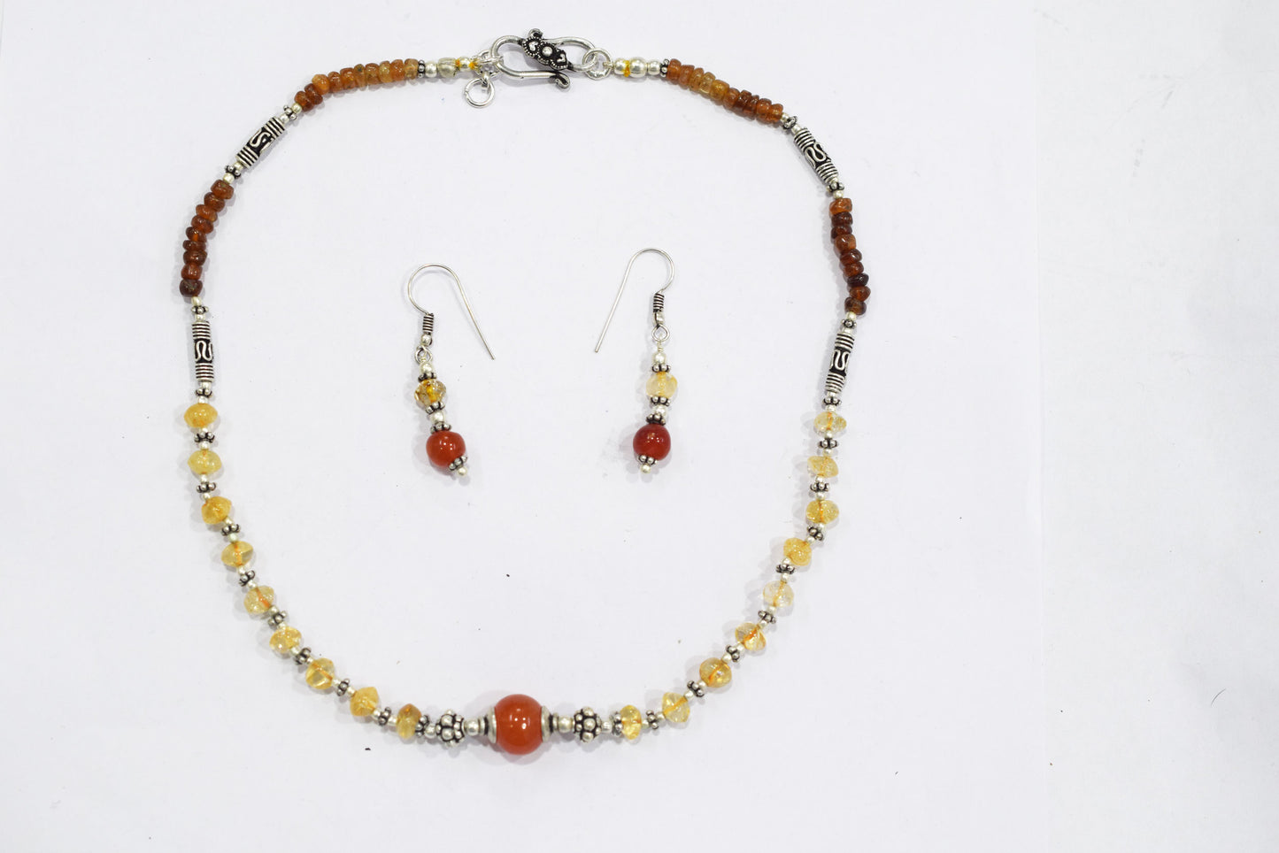 Natural Citrine Hessonite Garnet and Carnelian Choker Necklace Set with Dangle Earrings ,Warm Autumn Gift for Her,