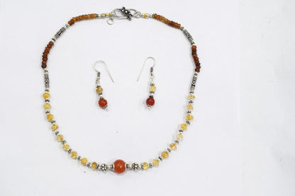 Natural Citrine Hessonite Garnet and Carnelian Choker Necklace Set with Dangle Earrings ,Warm Autumn Gift for Her,