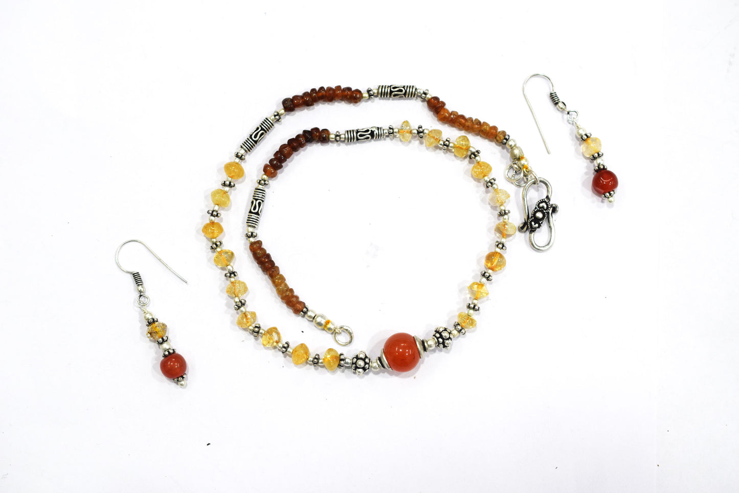 Natural Citrine Hessonite Garnet and Carnelian Choker Necklace Set with Dangle Earrings ,Warm Autumn Gift for Her,