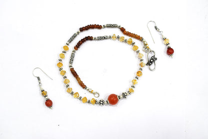 Natural Citrine Hessonite Garnet and Carnelian Choker Necklace Set with Dangle Earrings ,Warm Autumn Gift for Her,