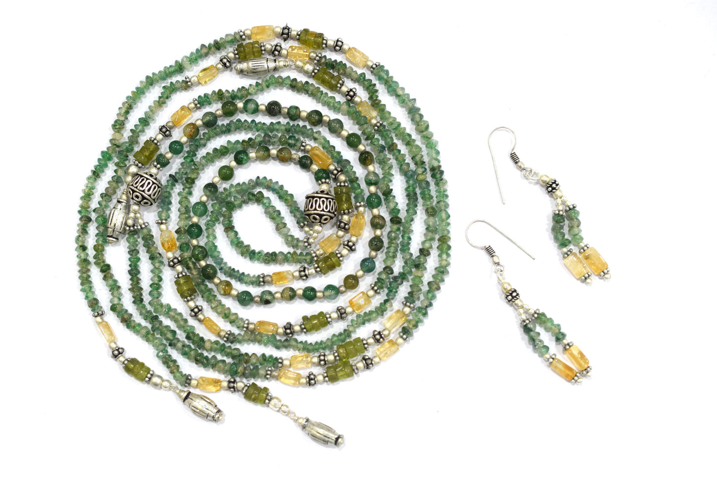 Natural Green Aventurine and Citrine Layered Tassel Necklace Set, Multi Strand Gemstone Statement Jewelry with Dangle Earrings, Healing Crystal Gift, 32845