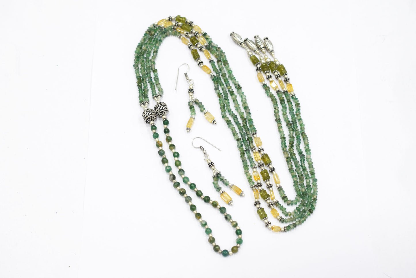 Natural Green Aventurine and Citrine Layered Tassel Necklace Set, Multi Strand Gemstone Statement Jewelry with Dangle Earrings, Healing Crystal Gift, 32845