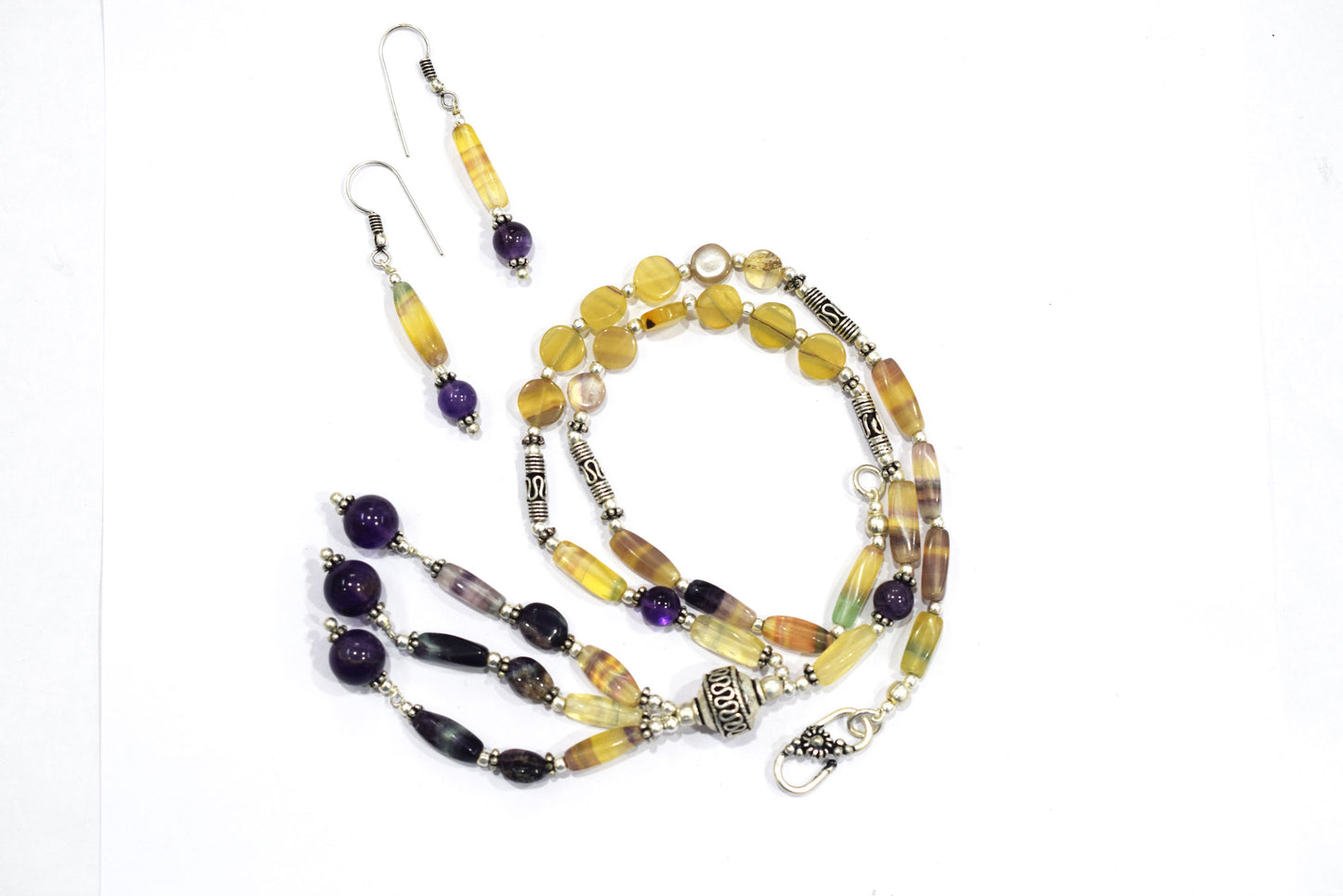 Natural Rainbow Fluorite Tassel Necklace Set - Purple and Yellow Gemstone Beaded Y Necklace with Matching Earrings , 32846