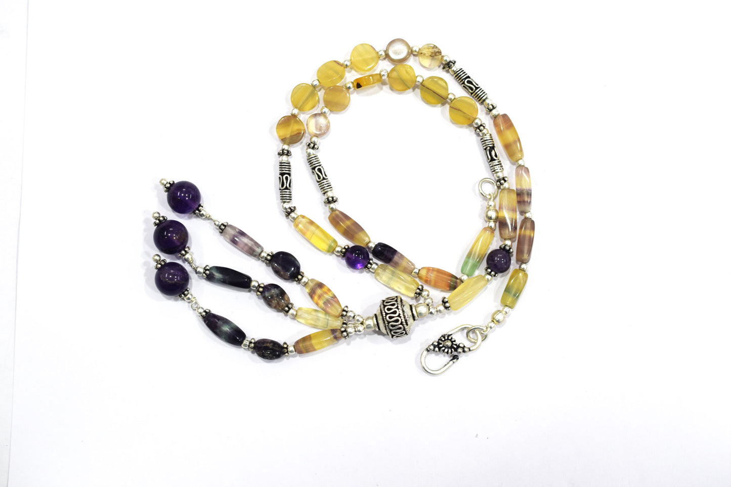 Natural Rainbow Fluorite Tassel Necklace Set - Purple and Yellow Gemstone Beaded Y Necklace with Matching Earrings , 32846