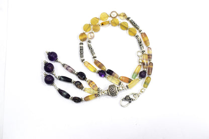 Natural Rainbow Fluorite Tassel Necklace Set - Purple and Yellow Gemstone Beaded Y Necklace with Matching Earrings , 32846