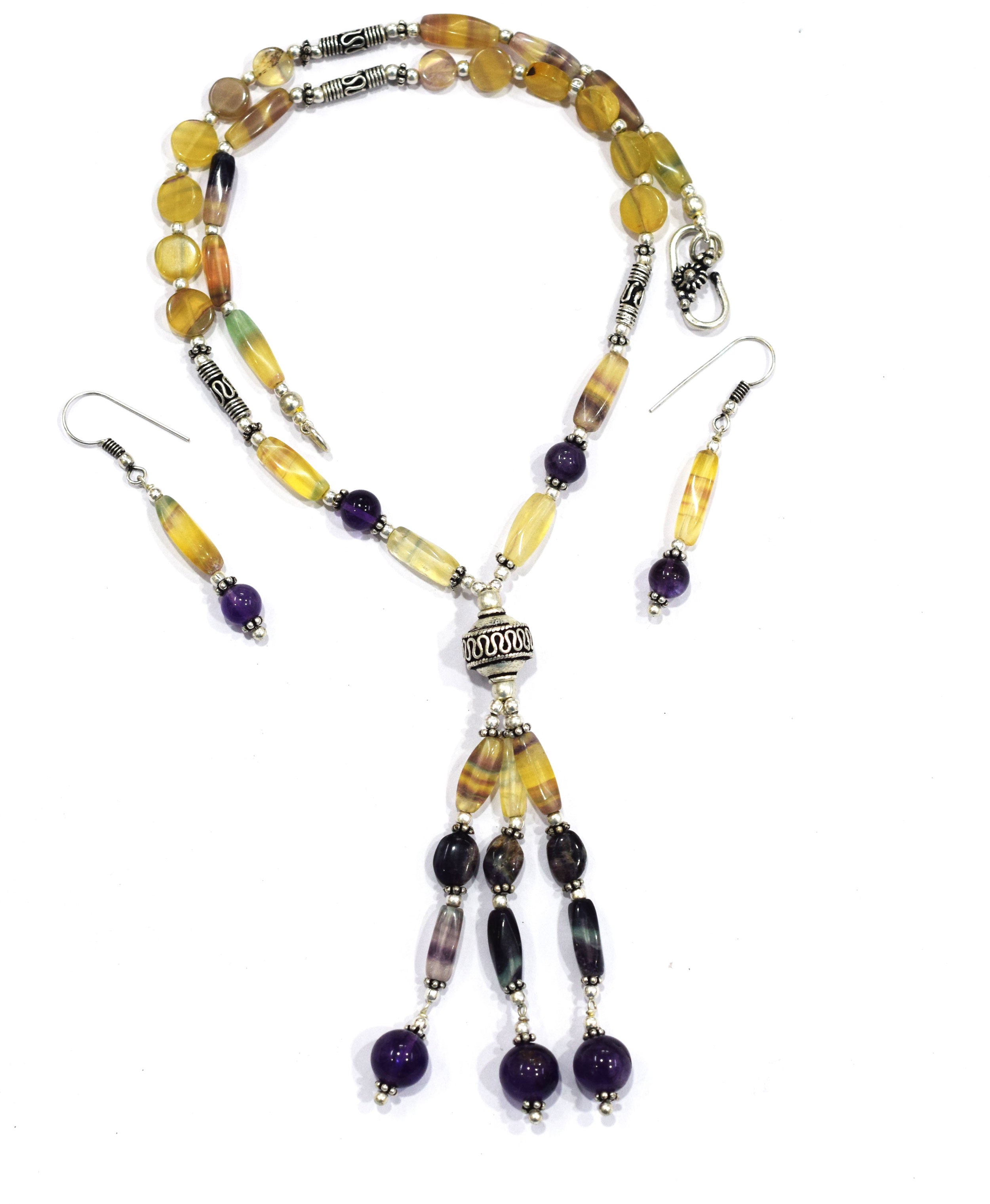 Natural Rainbow Fluorite Tassel Necklace Set - Purple and Yellow Gemstone Beaded Y Necklace with Matching Earrings , 32846