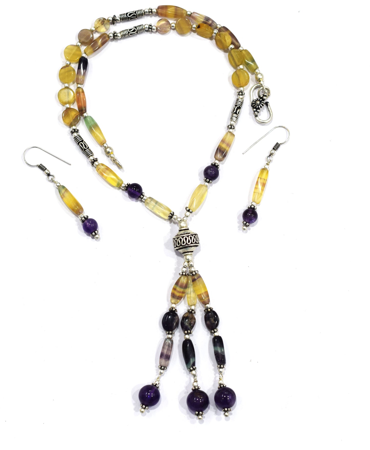 Natural Rainbow Fluorite Tassel Necklace Set - Purple and Yellow Gemstone Beaded Y Necklace with Matching Earrings , 32846