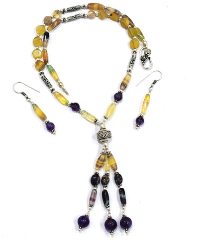 Natural Rainbow Fluorite Tassel Necklace Set - Purple and Yellow Gemstone Beaded Y Necklace with Matching Earrings , 32846
