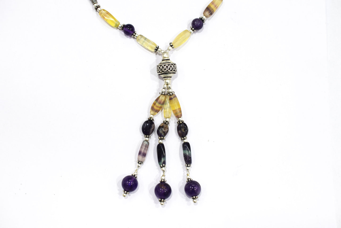 Natural Rainbow Fluorite Tassel Necklace Set - Purple and Yellow Gemstone Beaded Y Necklace with Matching Earrings , 32846