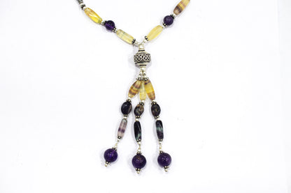 Natural Rainbow Fluorite Tassel Necklace Set - Purple and Yellow Gemstone Beaded Y Necklace with Matching Earrings , 32846