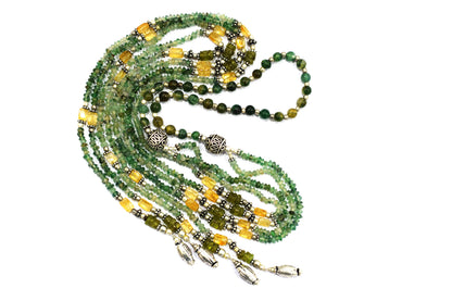 Natural Green Aventurine and Citrine Layered Tassel Necklace Set, Multi Strand Gemstone Statement Jewelry with Dangle Earrings, Healing Crystal Gift, 32847