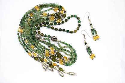 Natural Green Aventurine and Citrine Layered Tassel Necklace Set, Multi Strand Gemstone Statement Jewelry with Dangle Earrings, Healing Crystal Gift, 32847